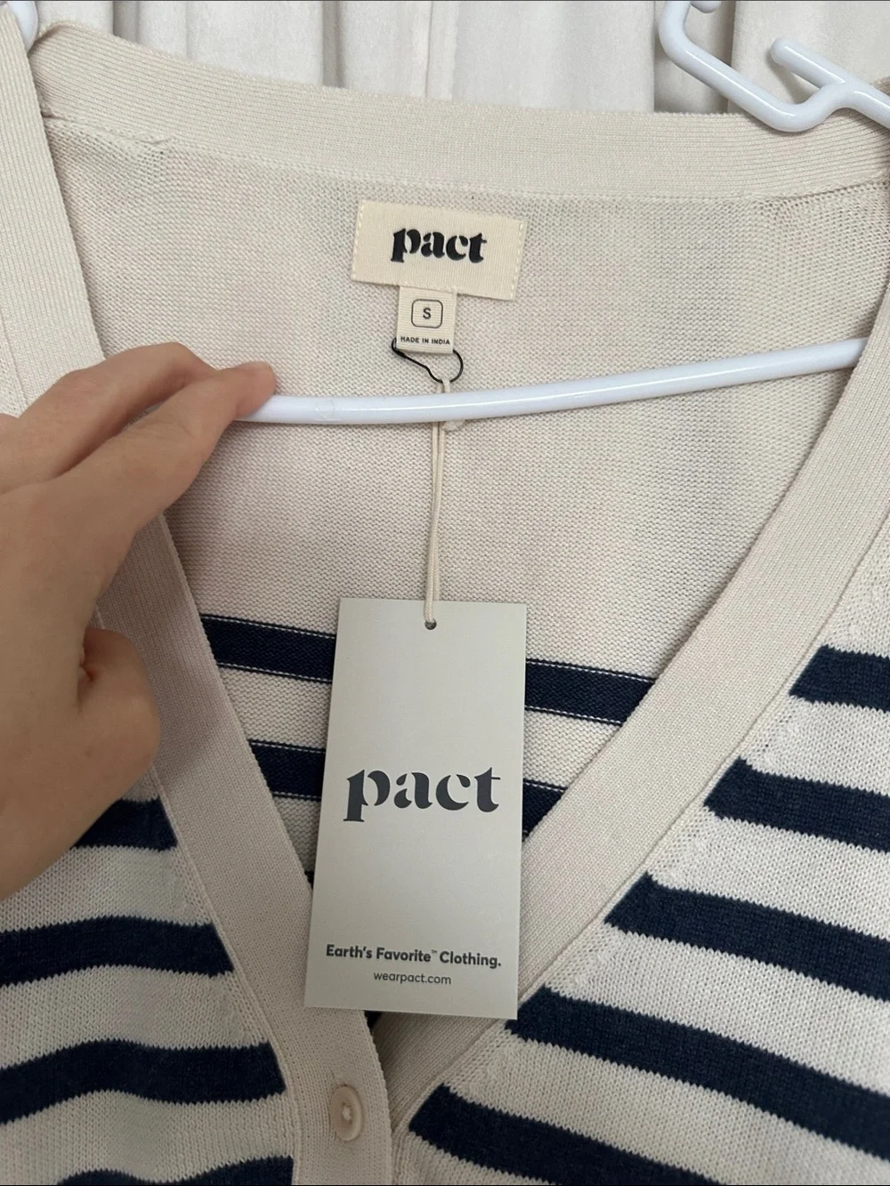 PACT Organic Cotton Striped V-Neck Cardigan Sweater Cream Navy S NWT